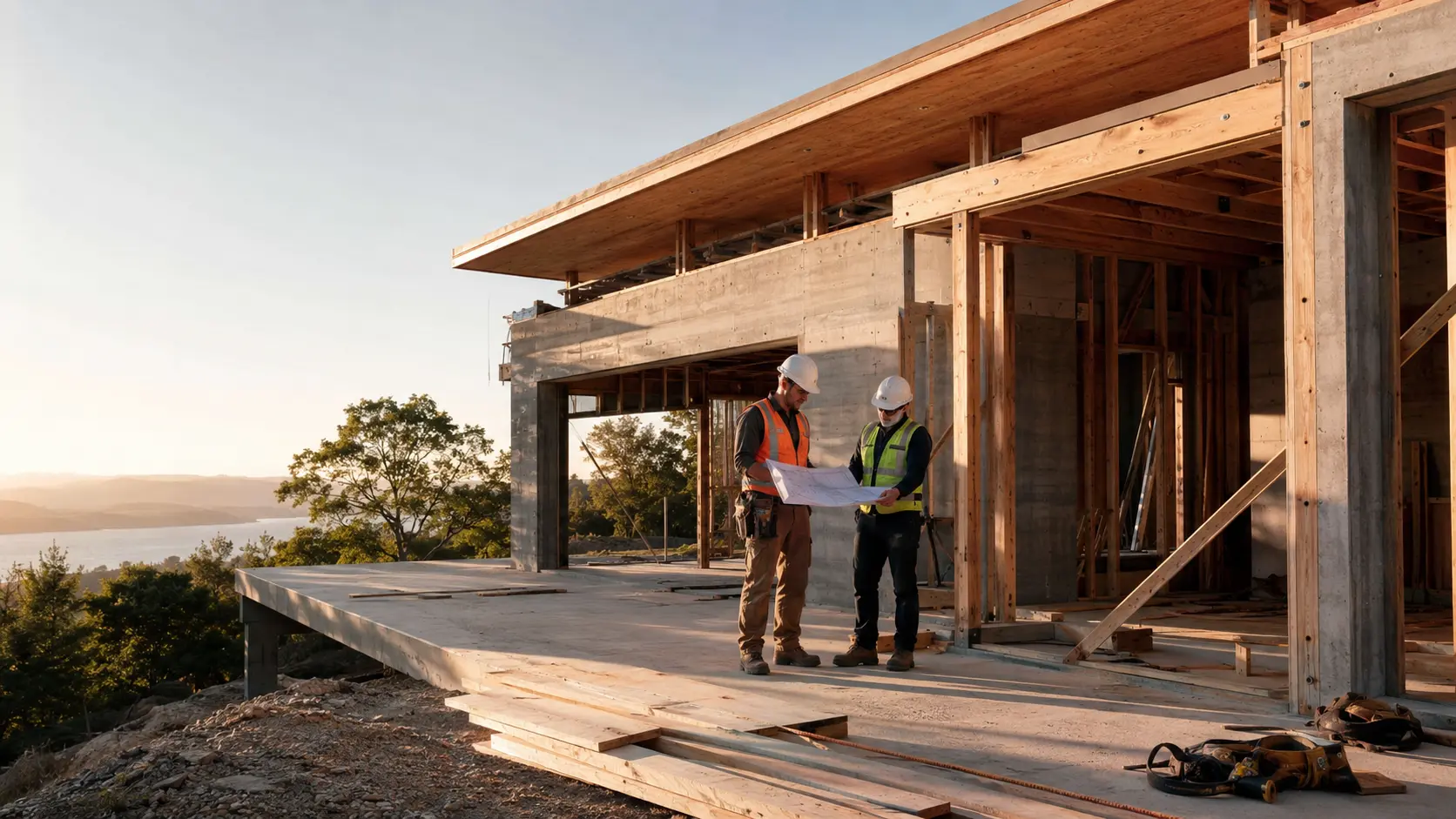 Stonebridge builders reviewing plans at a modern home construction site