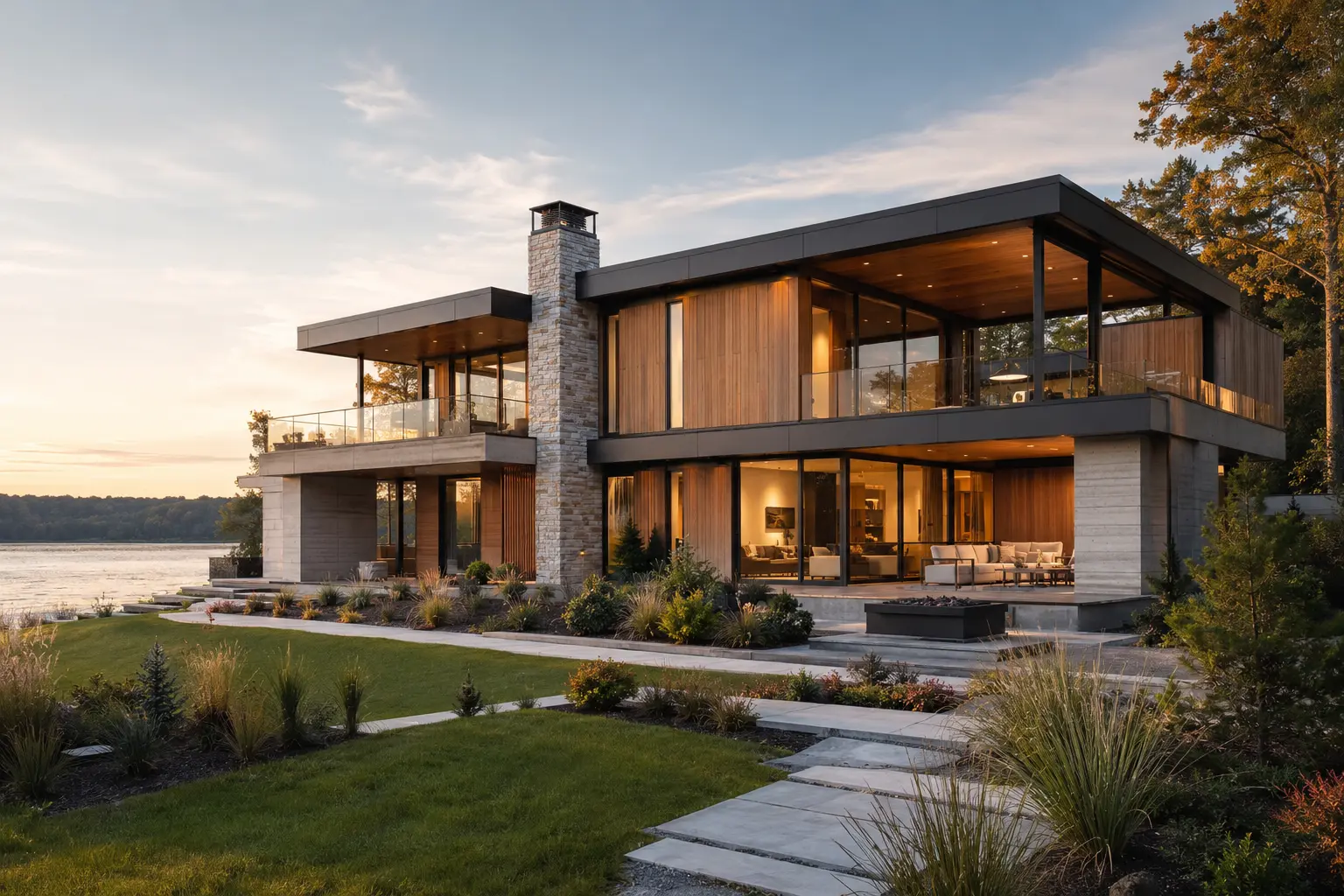 Completed contemporary lakeside residence